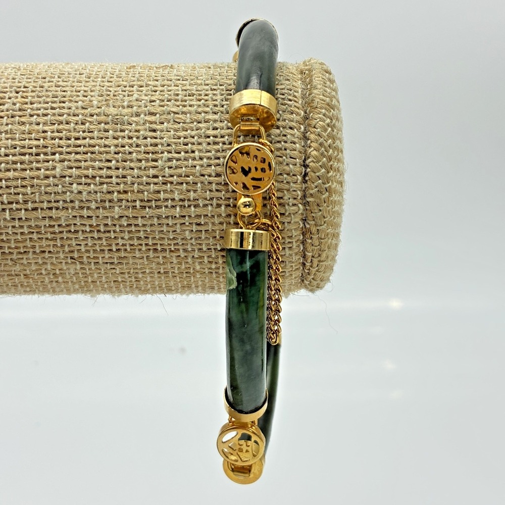 Green and Gold Tone Bangle Bracelet Safety Chain Asian Theme